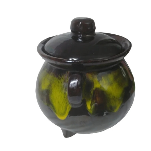 Vintage Glazed Soup Pot/Witch  Cauldron With Lid Handles Black Brown Green - Picture 4 of 8